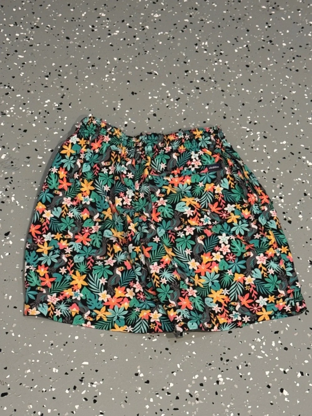 chubbies Black Tropical Swim Trunks with Pink Drawstring
